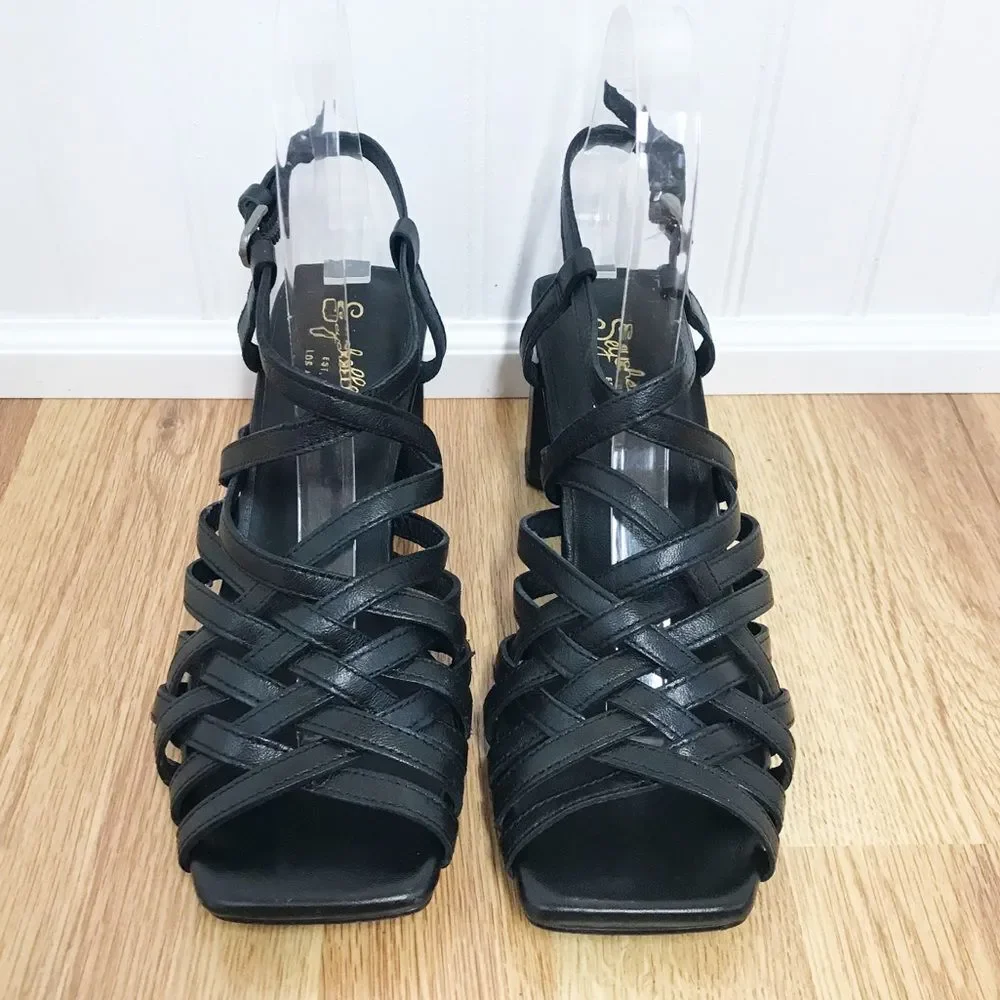 New SEYCHELLES‎ Braided Black Leather Chunky Heel Sandal Strappy Woven Size 6